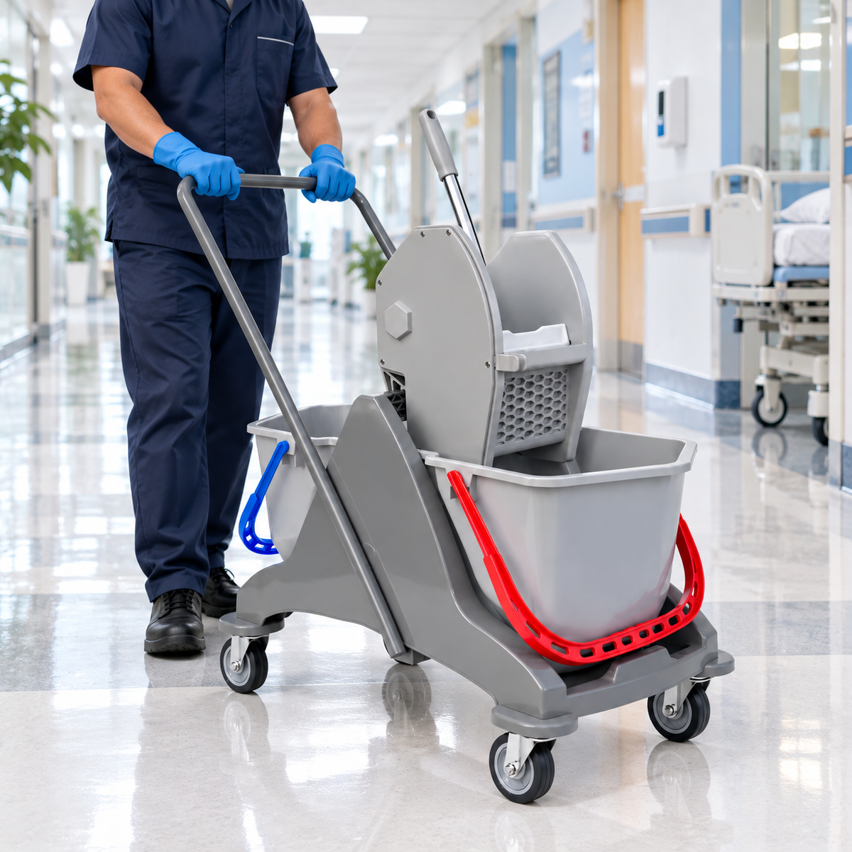 Double Bucket Wringer Trolley - 30 Liters - Blue/Red